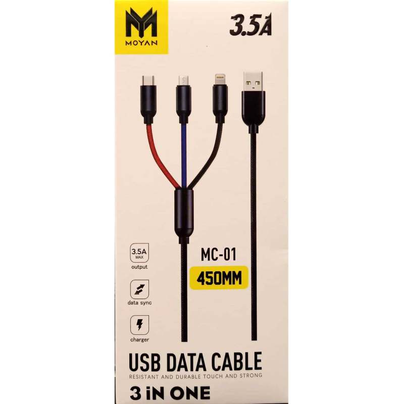 کابل تبدیل USB به USB-C/microUSB/ لایتنینگ مویان مدل mc-01 طول 0.45 متر