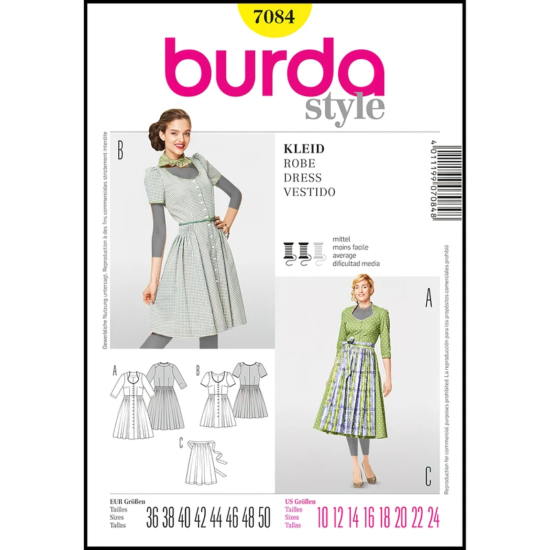 الگو خیاطی پیراهن زنانه بوردا استایل کد 7084 سایز 36 تا 50 متد مولر