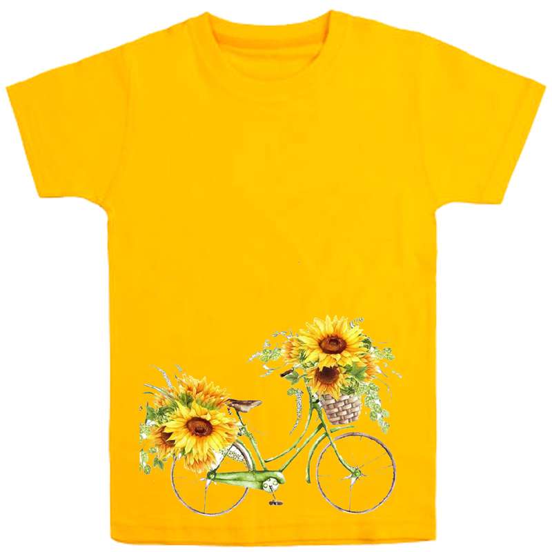 تی شرت آستین کوتاه دخترانه مدل دوچرخ وگل D25 رنگ زرد