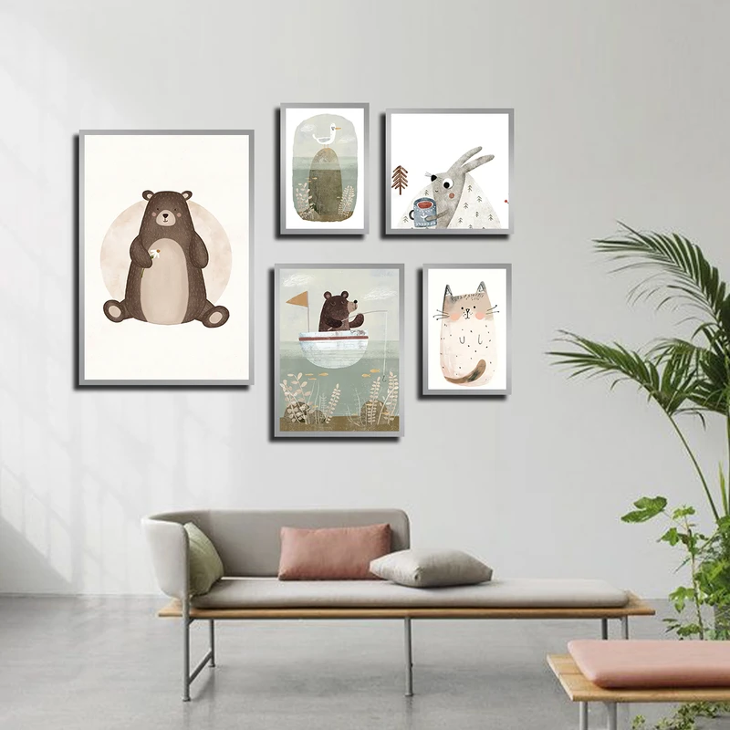 تابلو بکلیت طرح نقاشی حیوانات و کودکانه مدل SI-3828 فریم نقره ای مجموعه 5عددی