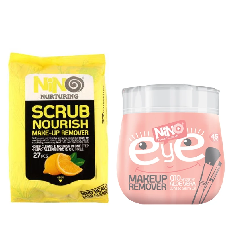 دستمال مرطوب پاک کننده آرایش نینو مدل Scrub Nourish بسته 27 عددی به همراه دستمال مرطوب پاک کننده آرایش مدل EYE بسته 45 عددی 