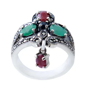 انگشتر نقره زنانه بازرگانی میلادی مدل یاقوت وزمرد کد AW_459