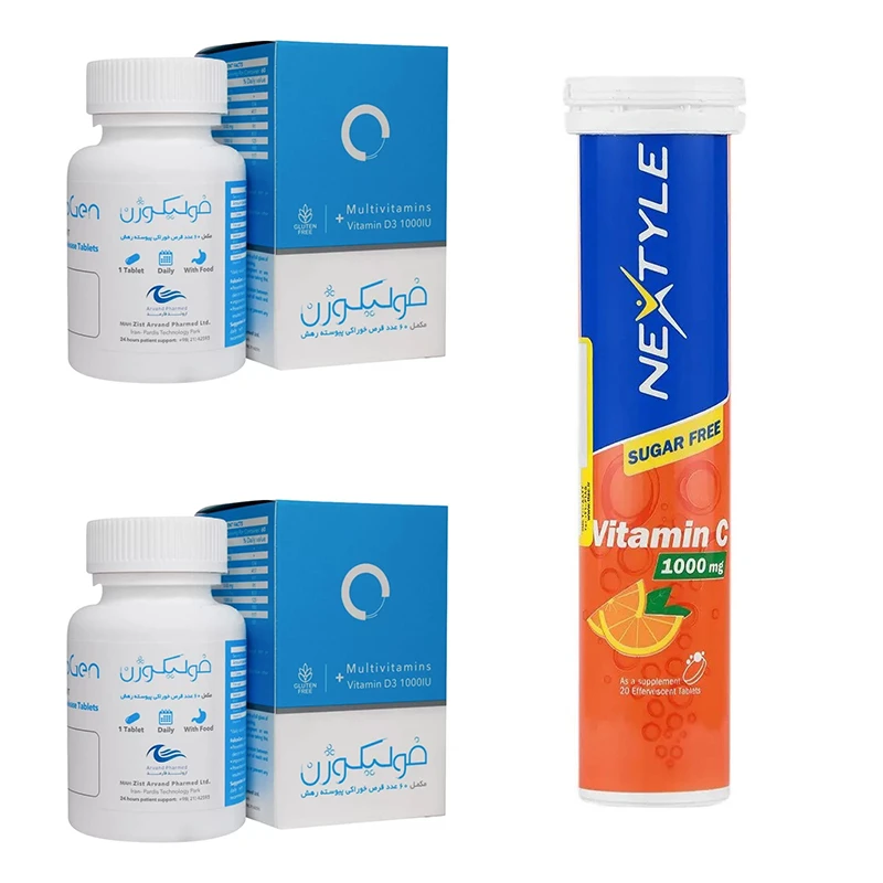 2 عدد قرص فولیکوژن اروند فارمد بسته 60 عددی  - قرص جوشان ویتامین ث 1000 نکستایل بسته 20 عددی