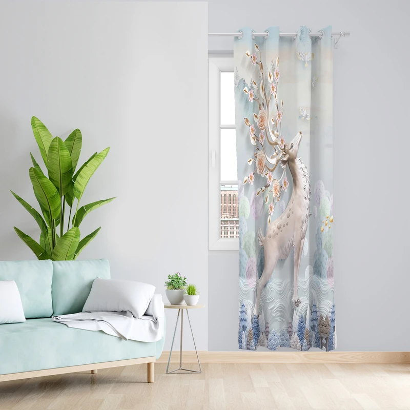 پرده طرح گوزن مدل مخمل پانچی کد 2493 z سایز 140x200 سانتی متر