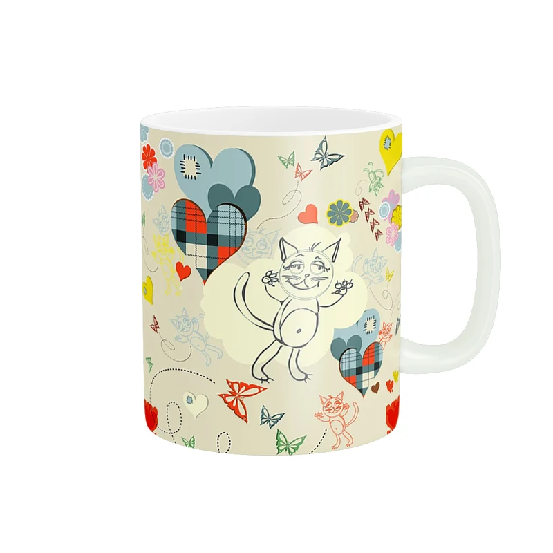 ماگ طرح نقاشی قلب و پروانه و گربه کد 1372