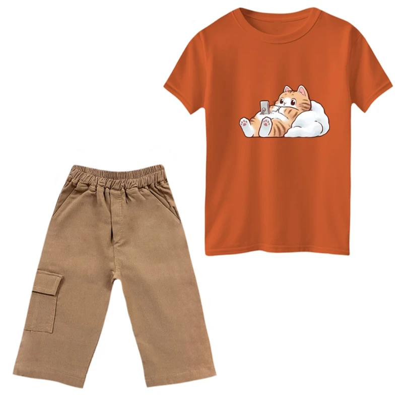 ست تی‌شرت و شلوارک دخترانه مدل گربه و بالشت