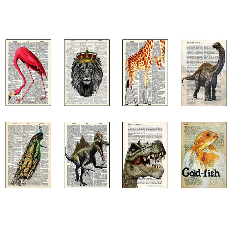 پوستر کارنيکا طرح روزنامه وینتج حیوانات Vintage Newspaper Animals کد 94010 مجموعه 8 عددی