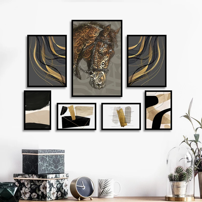 تابلو بکلیت طرح مدرن ورق طلا خطاطی و اسب مدل B-1796 مجموعه 7 عددی