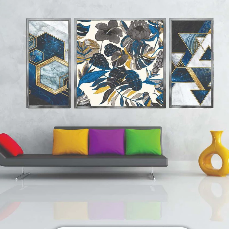 تابلو بکلیت طرح مدرن دیجیتال آرت مدل SI-2062 فریم نقره ای مجموعه 3 عددی