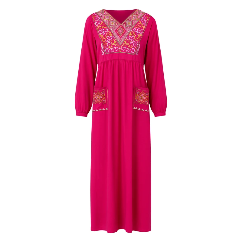 پیراهن ساحلی یقه گرد زنانه مدل دو جیب بیرونی طرح دار 23301346 رنگ سرخابی