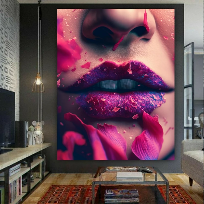 پوستر دیواری طرح آرایشگاه زنانه مدل رژ لب و گلبرگ کد FP105437