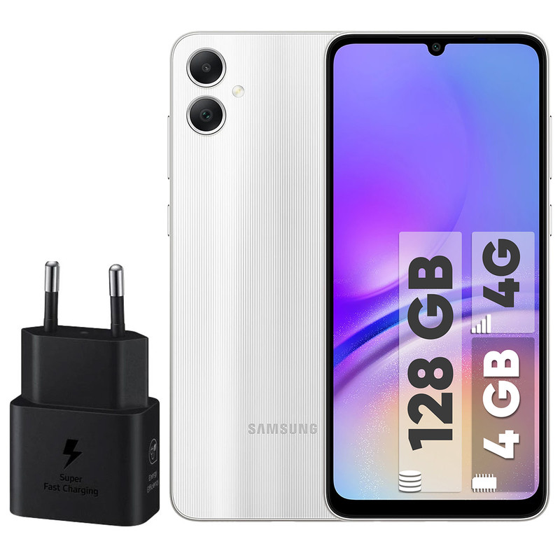 گوشی موبایل سامسونگ مدل Galaxy A05 دو سیم کارت ظرفیت 128 گیگابایت و رم 4 گیگابایت به همراه شارژر 25وات سامسونگ نمای ۴