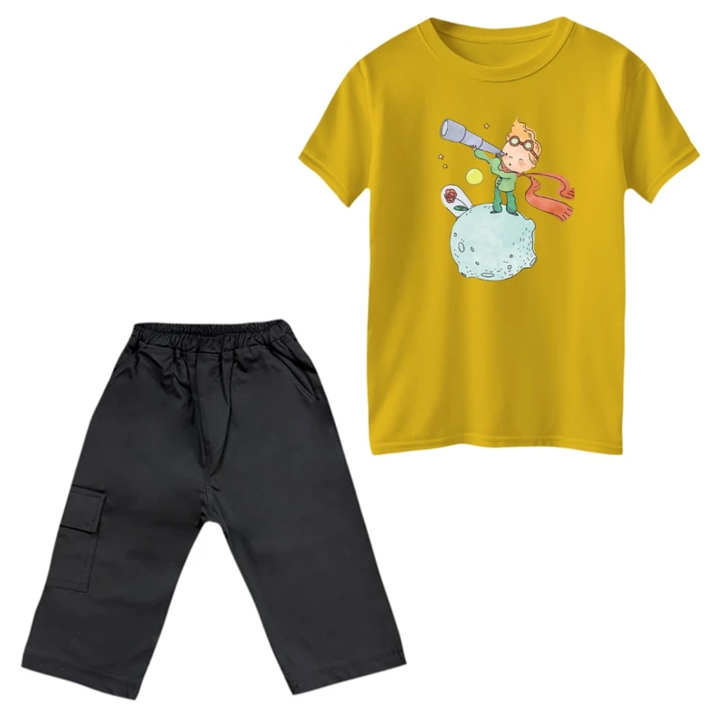 ست تی‌شرت و شلوارک پسرانه مدل شازده کوچولو و تلسکوپ رنگ زرد