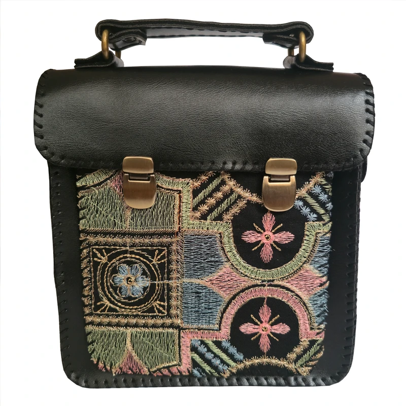 کیف دوشی چرمی غزال مدل دو قفل سوزن دوزی012