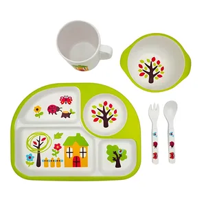 سرویس غذاخوری 5 تکه کودک مدل فیبر بامبو طرح خانه شاد