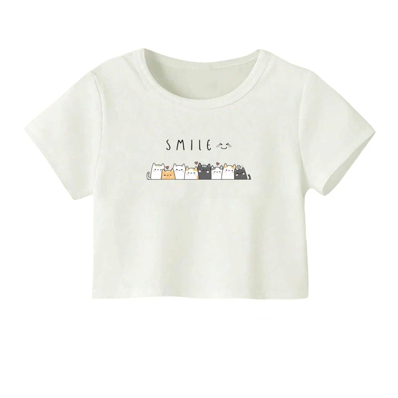 کراپ‌ تی‌شرت آستین کوتاه زنانه مدل دوستان گربه ای
