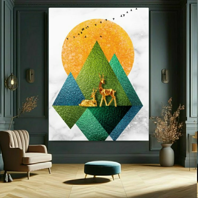 تابلو بوم مدل مخمل طرح انتزاعی کوه و آهو کد FP105385