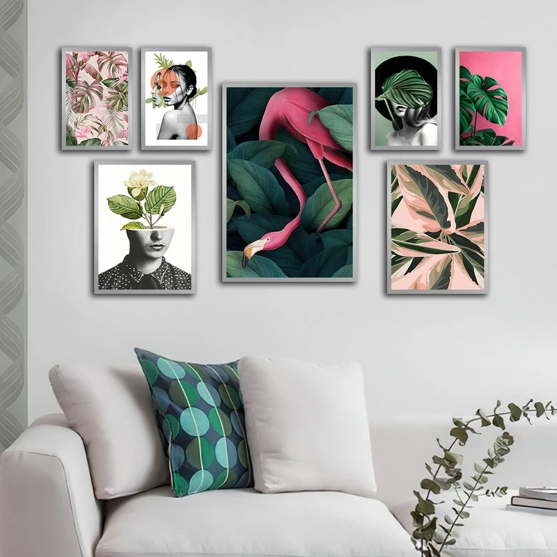 تابلو ساده بکلیت طرح فلامینگو و برگ انجیری مدل شاین اکلیلی SI-2704 فریم نقره ای مجموعه 7 عددی