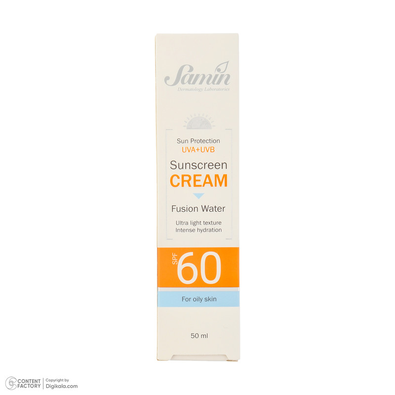 کرم ضد آفتاب بی‌رنگ صورت ثمین SPF 60 مدل Fusion Water ‌محافظ UVA ، UVB مناسب برای پوست‌های چرب حجم 50 میلی‌لیتر