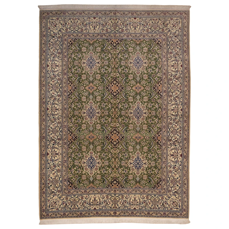 فرش دستباف شش متری نائین کد 01135 با زمینه سبز