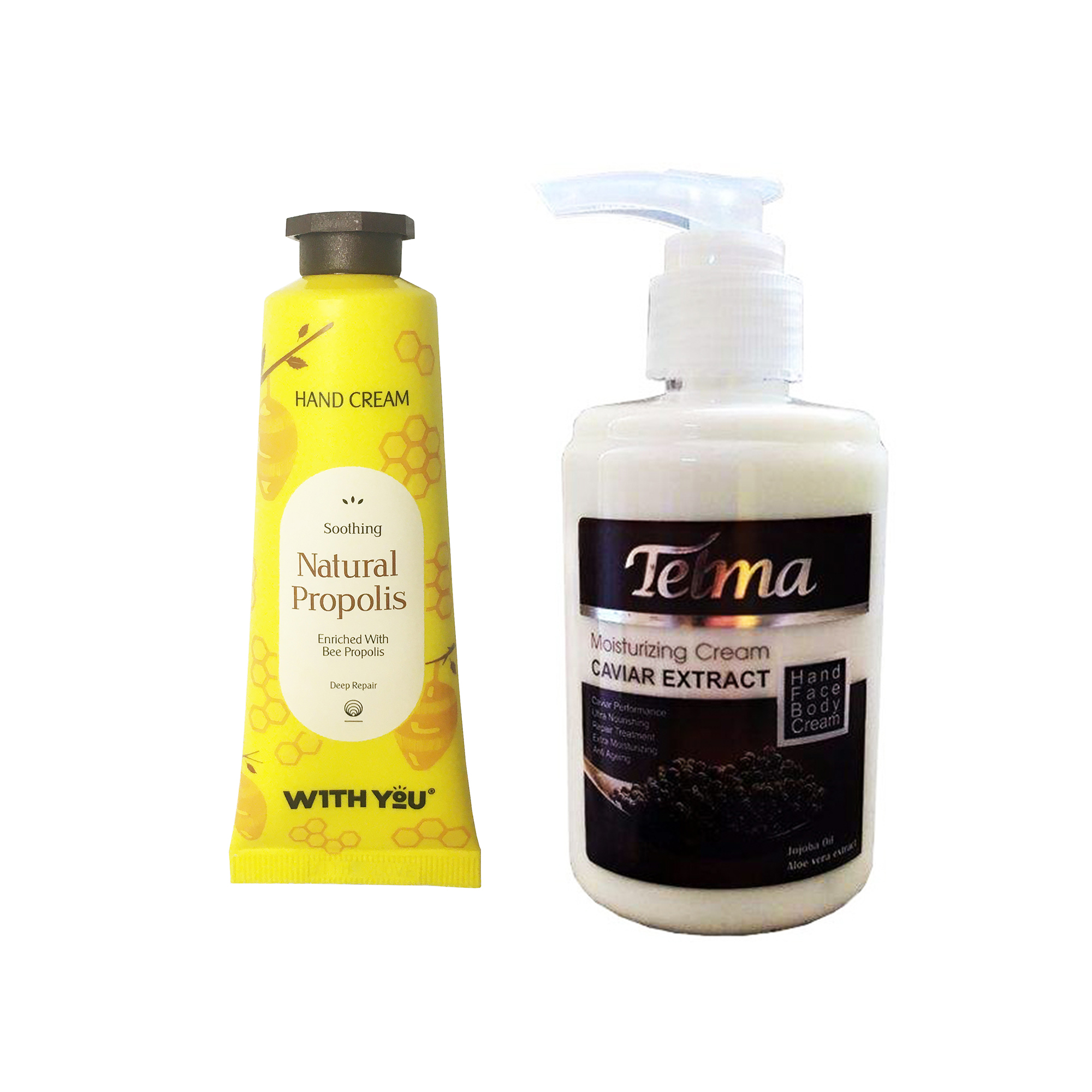 کرم آبرسان و مرطوب کننده تلما مدل خاویار حجم 200 میلی لیتر به همراه کرم مرطوب کننده ویت یو مدل Natrual Propolis حجم 50 میلی لیتر 