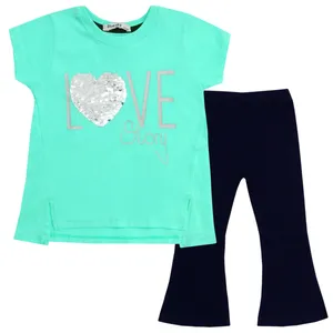 ست تی شرت و شلوار دخترانه مدل Love Story رنگ سبز