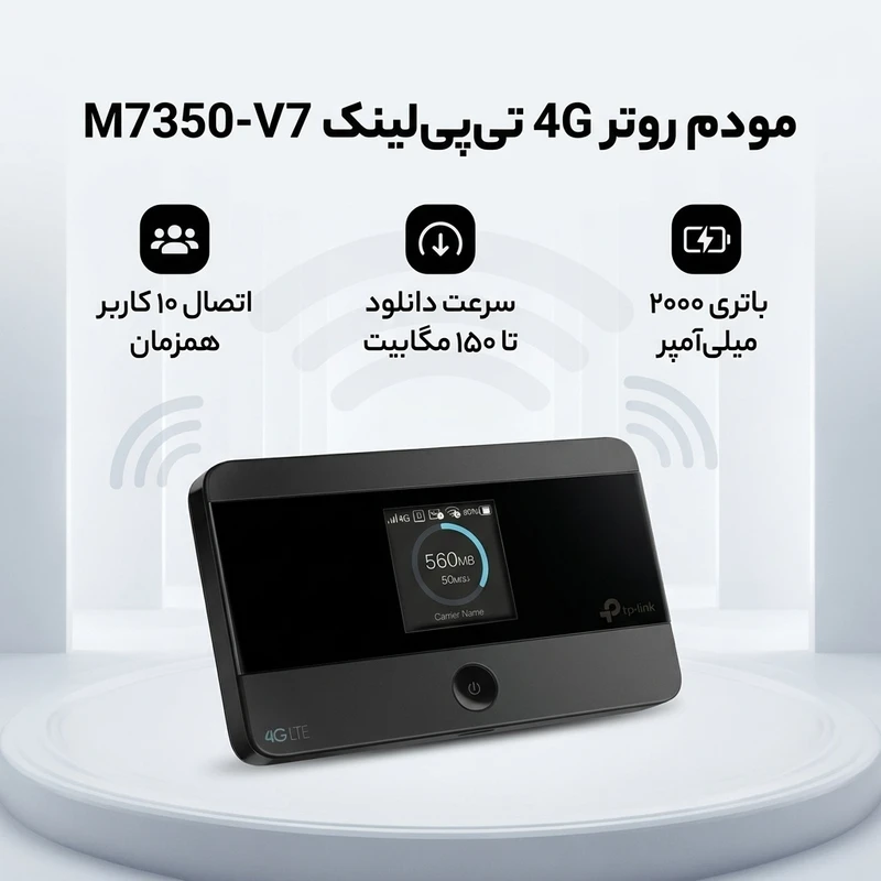 عکس شماره 3 : مودم روتر 4g تی پی لینک مدل m7350-v7 با باتری 2000 میلی آمپر، پشتیبانی از اتصال 10 کاربر همزمان، سرعت دانلود تا 150 مگابیت، نمایشگر اطلاعات ترافیک و وضعیت شبکه، سازگار با سیستم عامل های windows، mac os، android و ios