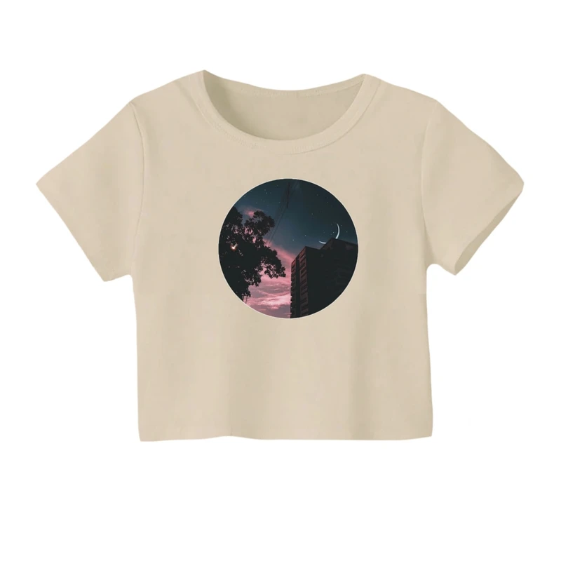 کراپ‌ تی‌شرت آستین کوتاه زنانه مدل ماه شب