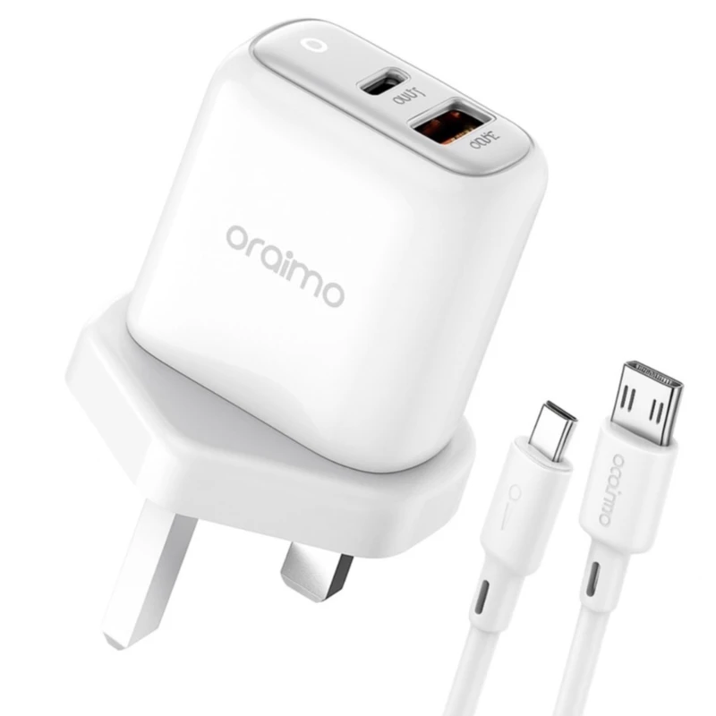 شارژر دیواری اُرایمو 20 وات دو پورت مدل ORM-OV به همراه کابل تبدیل USB-Micro