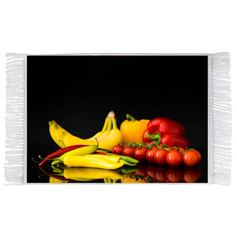 فرش ماشینی دیوارکوب اطلس آبی طرح میوه موز و گوجه و فلفل دلمه مدل T1784