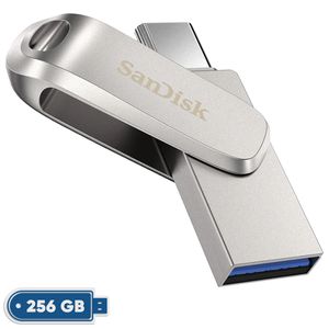 فلش مموری سن دیسک Ultra Dual Drive Luxe ظرفیت 256 گیگابایت با طراحی چرخشی، دو رابط USB Type-C و USB Type-A، استاندارد USB 3.2 Gen1، بدنه فلزی و سازگار با تبلت، گوشی، کامپیوتر و مک