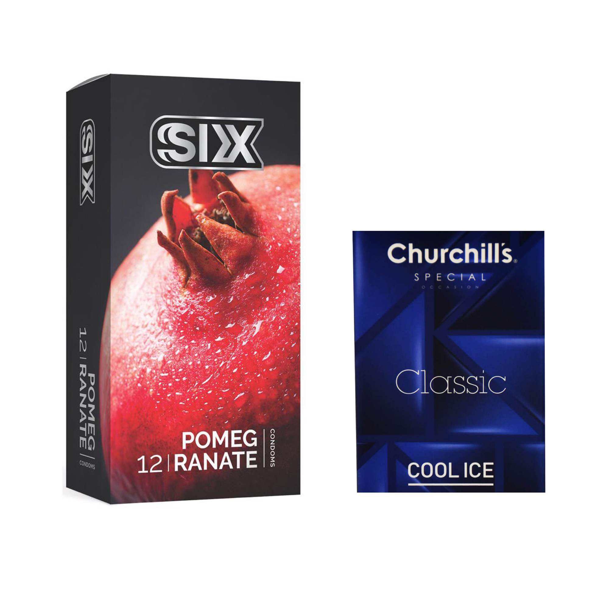 کاندوم سیکس مدل Pomegranate بسته 12 عددی به همراه کاندوم چرچیلز مدل Cool Ice بسته 3 عددی