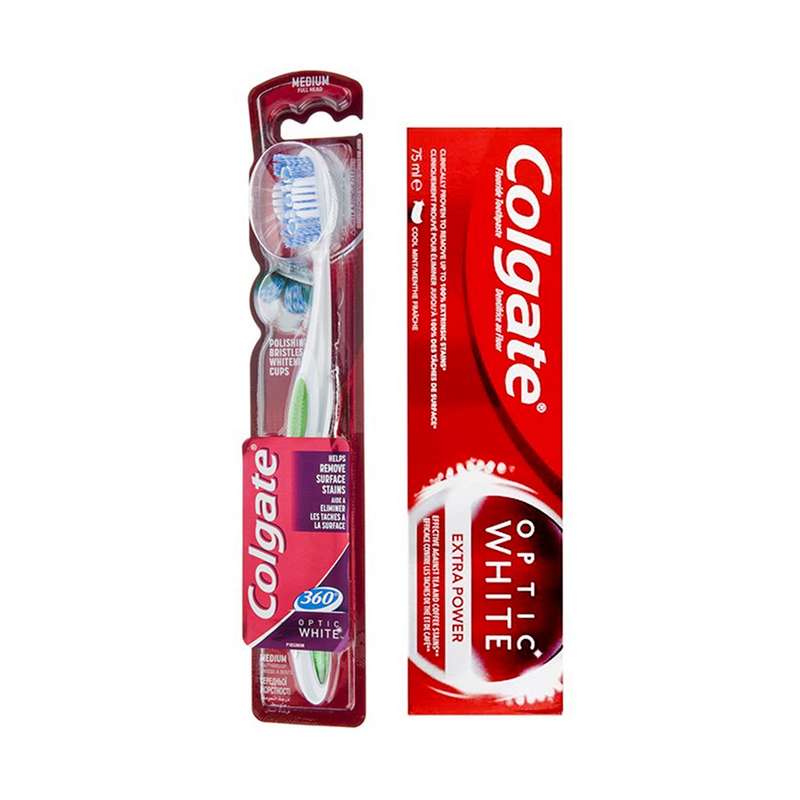 خمیر دندان کلگیت  مدل Optic White حجم 75 میلی لیتر به همراه مسواک کلگیت مدل Optic White با برس متوسط