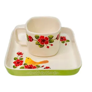 فنجان و نعلبکی سرامیکی مدل گل و مرغ مجموعه 2 عددی