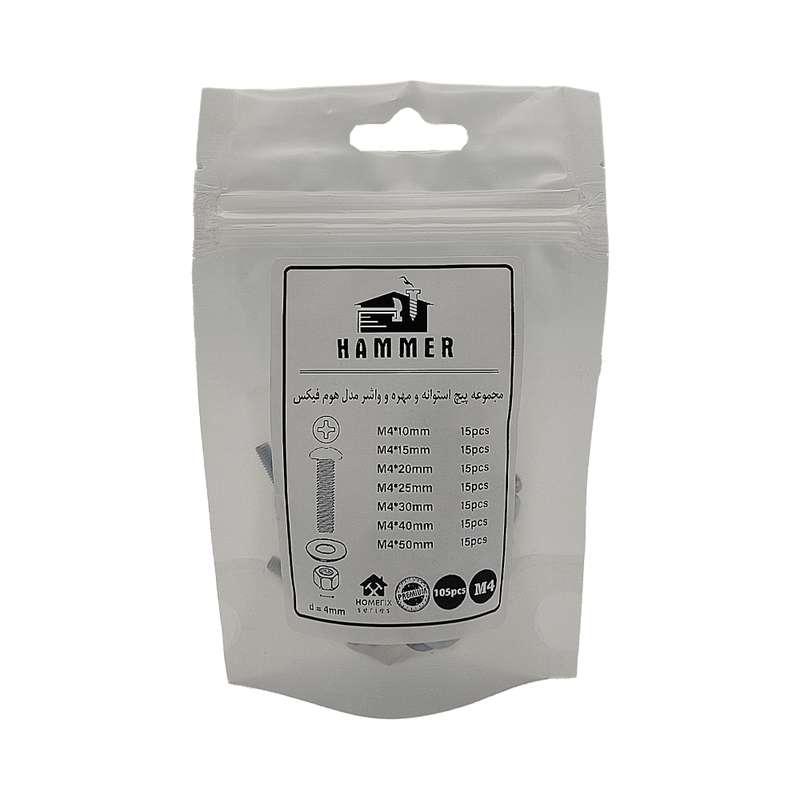پیچ و مهره و واشر هامر مدل هوم فیکس استوانه کد M4 مجموعه 105 عددی