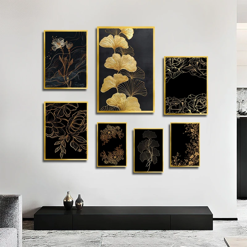 تابلو بکلیت طرح نقاشی گل طلایی مدل T-3643 فریم طلایی مجموعه 7 عددی