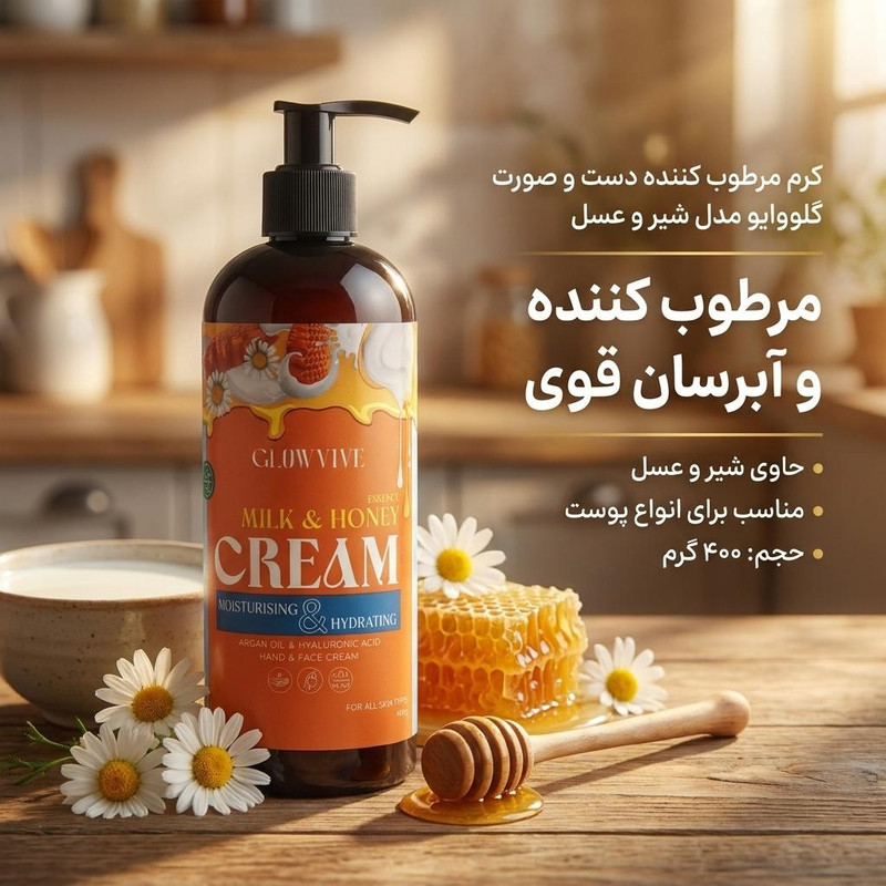 کرم مرطوب کننده دست و صورت گلووایو مدل شیر و عسل مناسب برای انواع پوست وزن 400 گرم