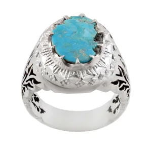 انگشتر نقره مردانه بازرگانی میلادی مدل  فیروزه نیشابور طبیعی رکاب دستساز کد AM_1606