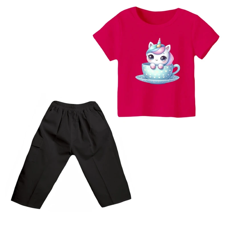 ست تی شرت و شلوارک دخترانه مدل یونیکورن کد ۳۲ رنگ سرخابی