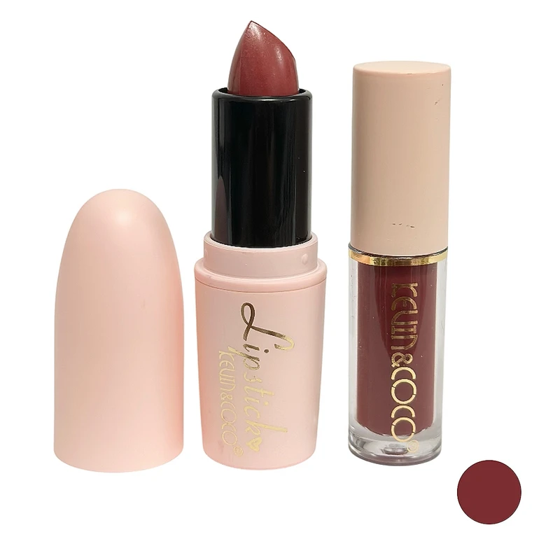 رژلب جامد مات کوین اند کوکو مدل قلبی رنگ زرشکی شماره 04 به همراه رژلب مایع کوین اند کوکو شماره 04