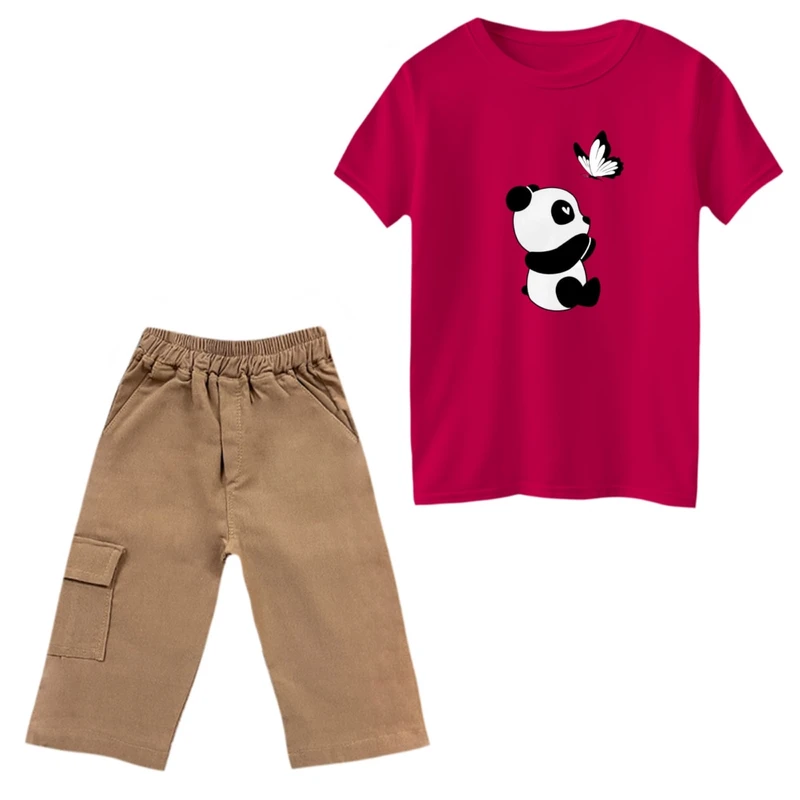 ست تی‌شرت و شلوارک پسرانه مدل پاندا و پروانه رنگ سرخابی