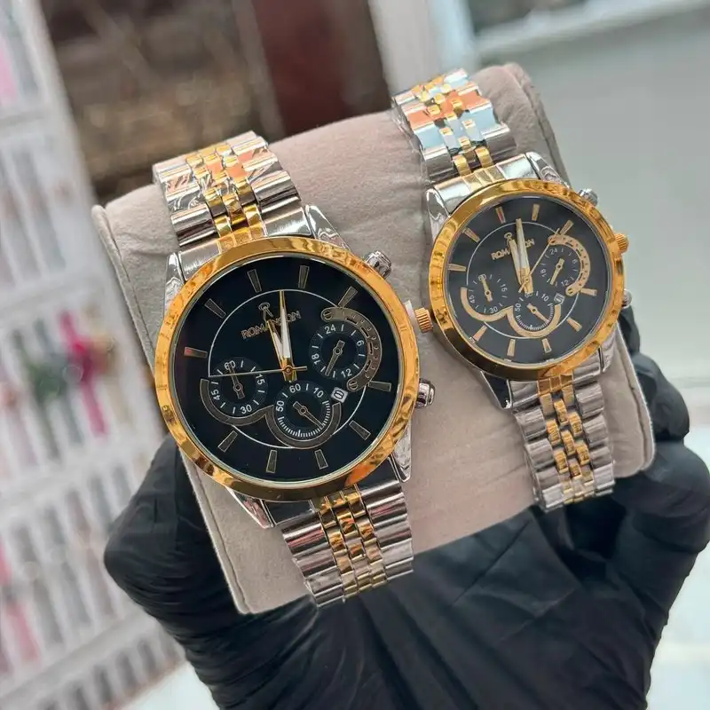 ست ساعت مچی عقربه ای زنانه و مردانه مدل تک موتوره صفحه طرحدار بند فلزی کد 2