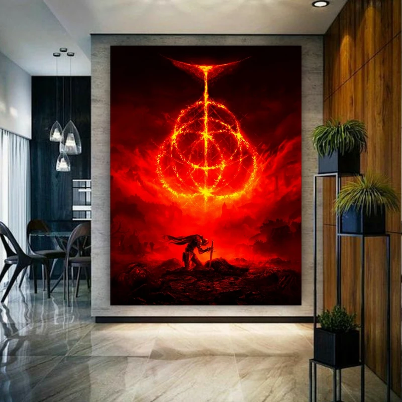 تابلو بوم طرح مخمل گیم elden ring مدل جنگجو و حلقه آتشین کد FP104778