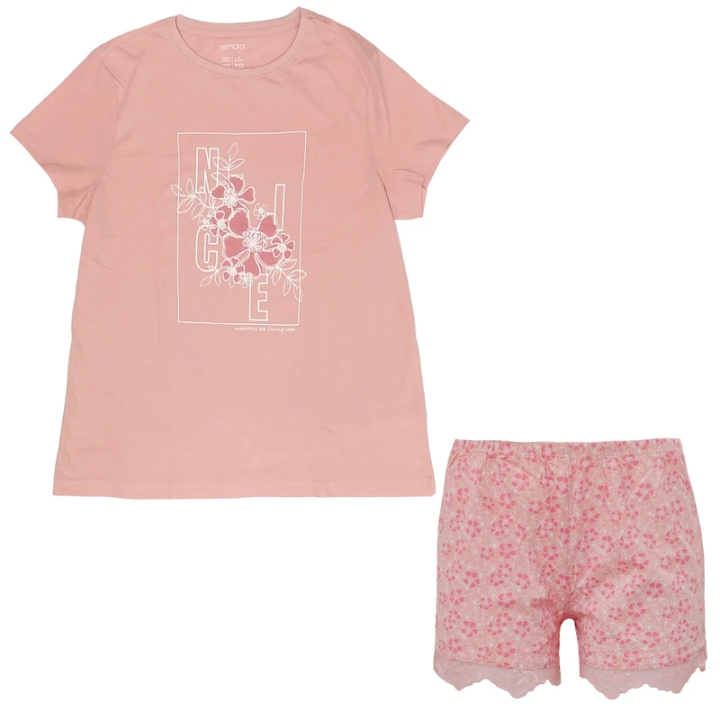 ست تی شرت و شلوارک زنانه اسمارا مدل نخی طرح گل پایین توردار