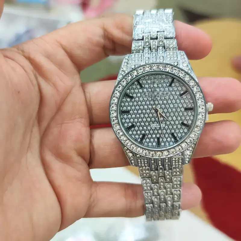 ست ساعت مچی عقربه ای زنانه و مردانه مدل فول نگین قاب دور نگین کد 1