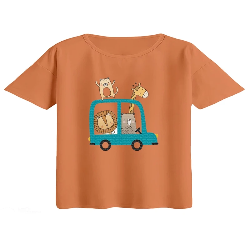 کراپ تی‌شرت آستین کوتاه زنانه مدل ماشین حیوانات