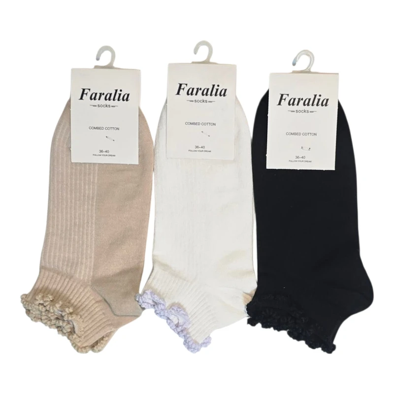 جوراب ساق کوتاه زنانه مدل مچی ساده لبه چین بسته 3 عددی