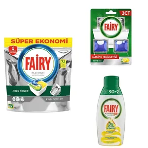 قرص ماشین ظرفشویی فیری مدل P72 بسته 72 عددی به همراه ژل ماشین ظرفشویی فیری مدل Platinum 3x حجم 650 میلی لیتر و قرص جرم گیر ماشین ظرفشویی فیری مدل limen بسته 2 عددی