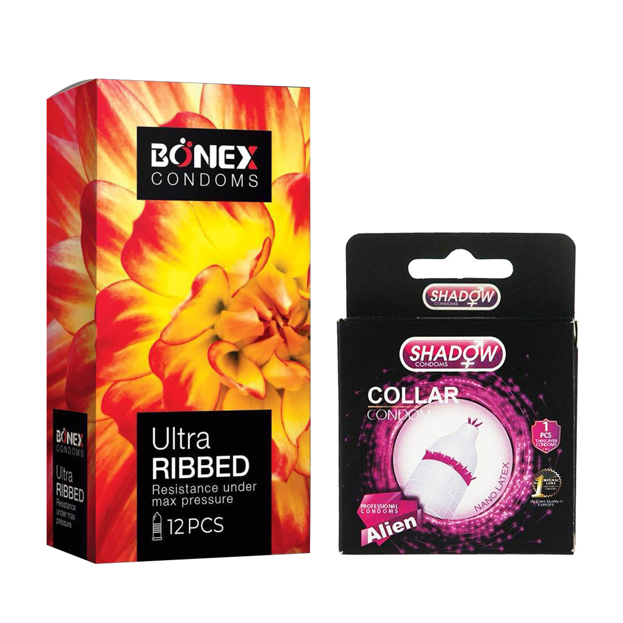 کاندوم بونکس مدل Ultra Ribbed بسته 12 عددی به همراه کاندوم شادو مدل Collar