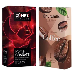 کاندوم چرچیلز مدل Coffee بسته 12 عددی به همراه کاندوم بونکس مدل Pome Granate بسته 12 عددی 